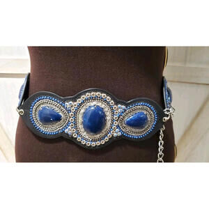 Chico’s Adjustable Leather Chain Fashion belt Blue Stones Bead Accents S M L XL